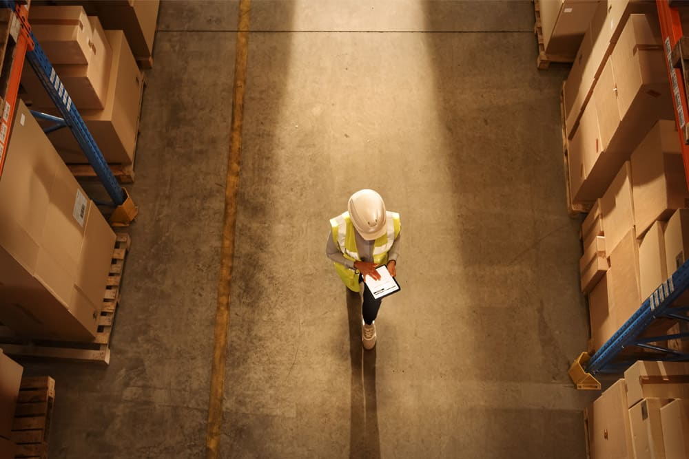 A man with a clipboard walking down a warehouse aisle