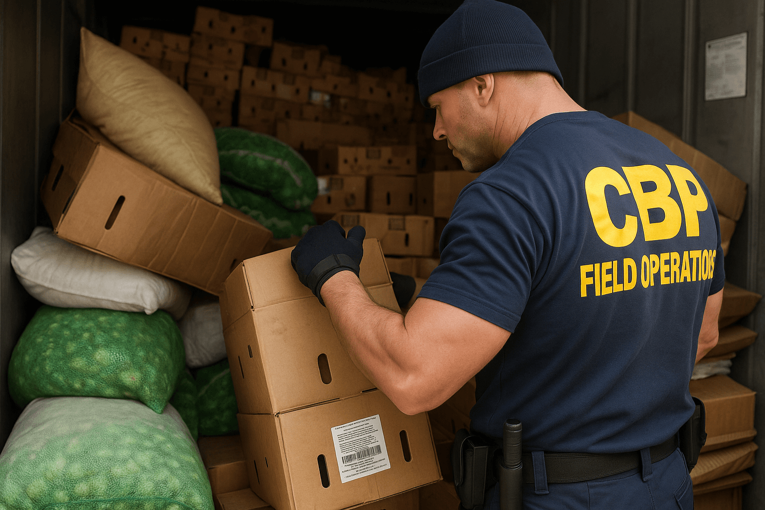 A CBI field operative does a customers clearance check on products in warehouse.