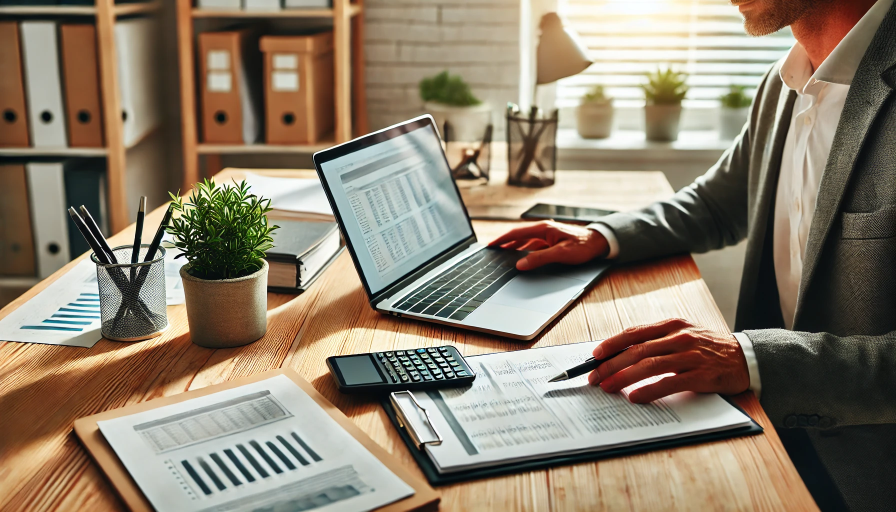 Man in suit calculates inventory turnover rate on computer with calculator