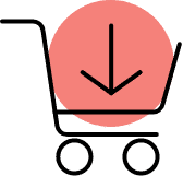 An arrow pointing into a shopping cart and a red circle.
