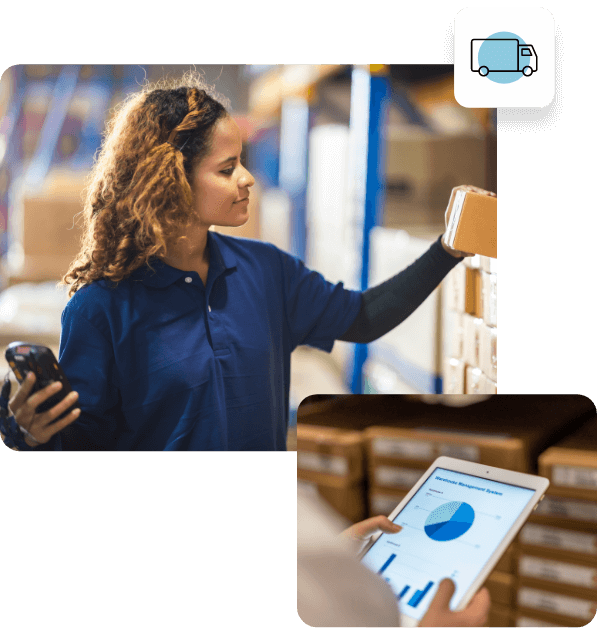 A woman in a warehouse pulling an item from the shelf