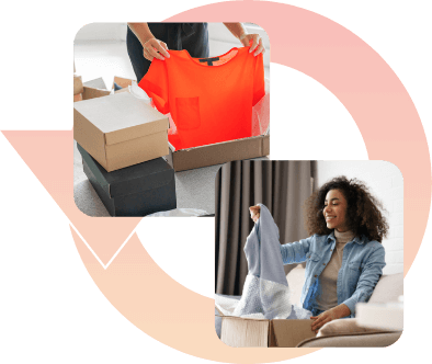 Two images, one with a person opening a package another with a woman smiling and opening a package