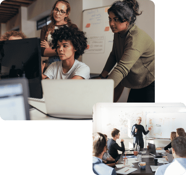 A group of people collaborating on the computer, and people working in an office