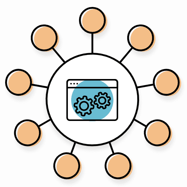 Spoke symbol with gears turning representing an easy automation process