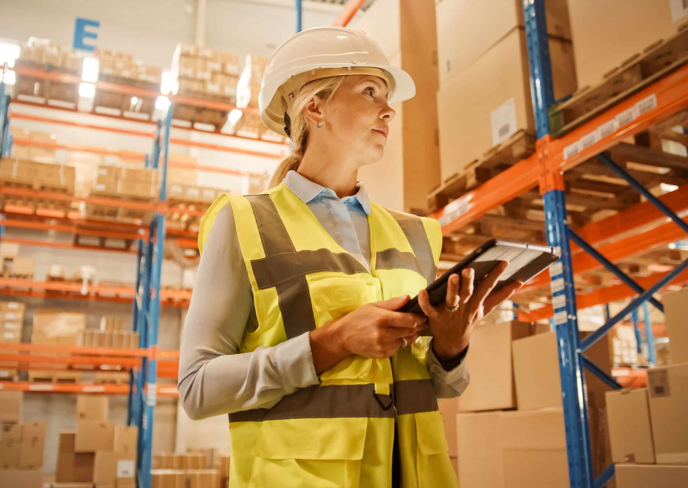 A woman in a storage room wearing PPE and holding a tablet.