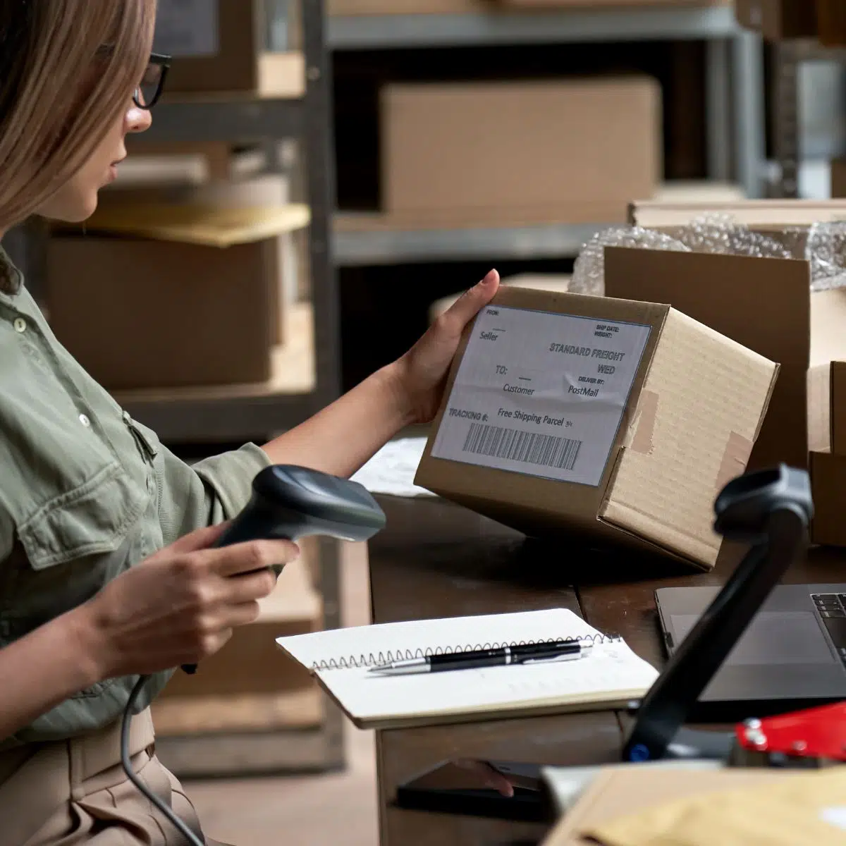 Woman scanning a package in a warehouse