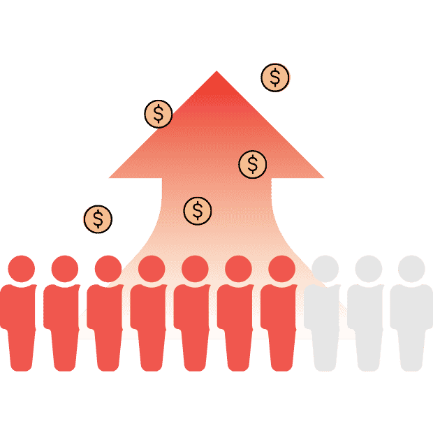 Dollar signs with up arrow and row of people graphic