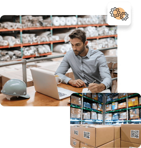 Man working at a desk in a warehouse