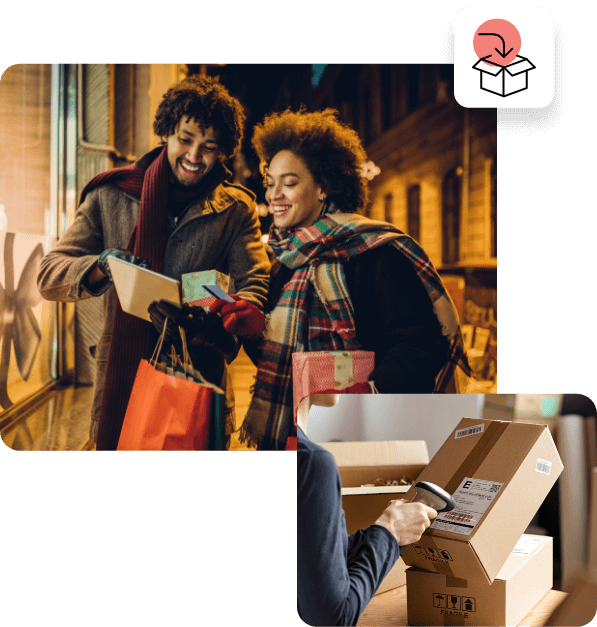 Couple doing online holiday shopping and woman scanning shipment boxes