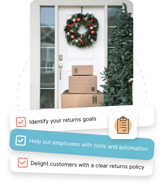 Stack of packages in front of door with christmas decorations