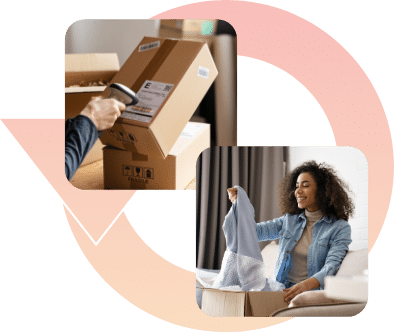 Collage of woman opening a package at home and a worker scanning a delivery box
