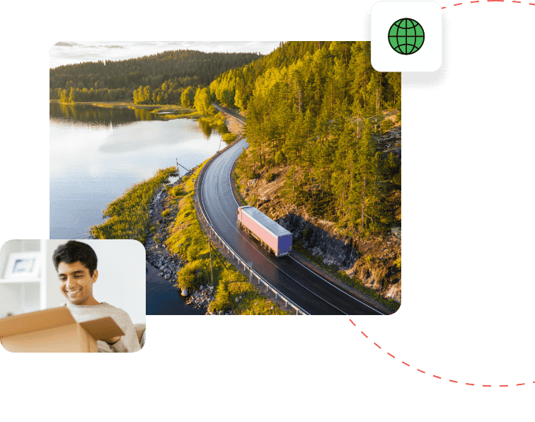 Shipping truck on a scenic road with a photo of a man opening a package at home