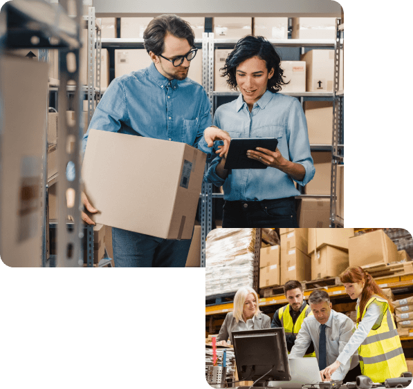 Two images of warehouse workers