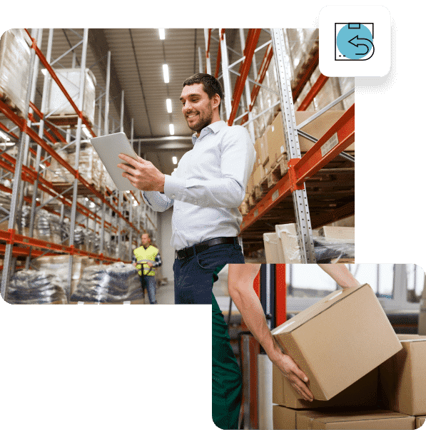 A warehouse worker taking inventory and another worker is moving boxes