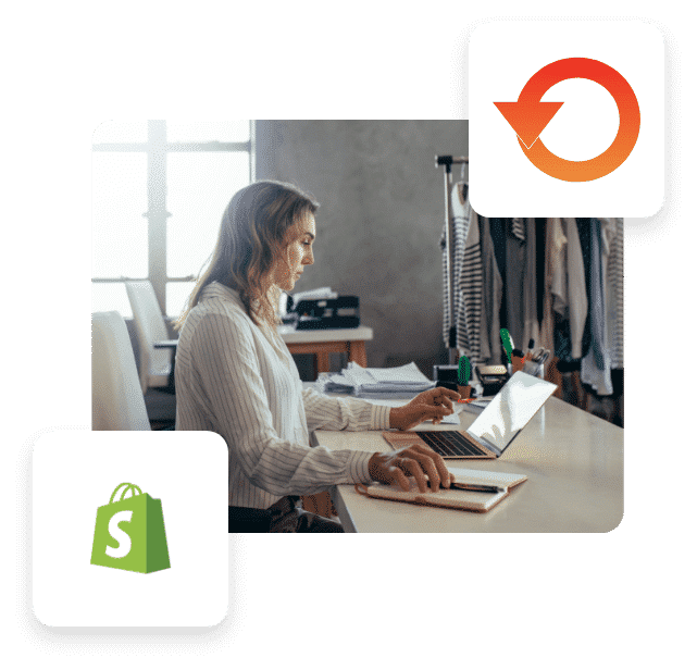 A woman sitting in front a computer with ReverseLogix and Shopify icons