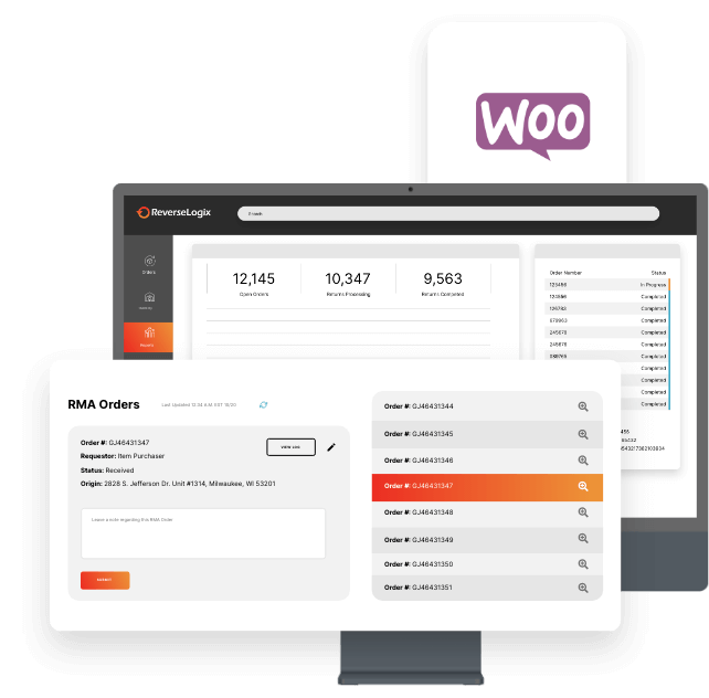 A graphic of ReverseLogix platform connecting to Woo Commerce