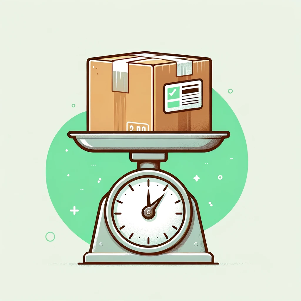 A package on a weighted scale with tip holding the box closed.