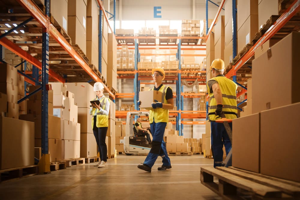 Warehouse workers taking inventory of boxes and moving boxes