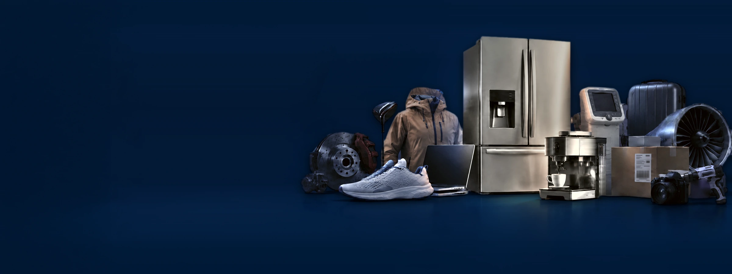 Returns management system for every product: returned products from many industries on one studio floor, including a brake disc, a jacket, a running shoe, a laptop, a refrigerator, an espresso machine, a medical device, a parcel and a jet engine