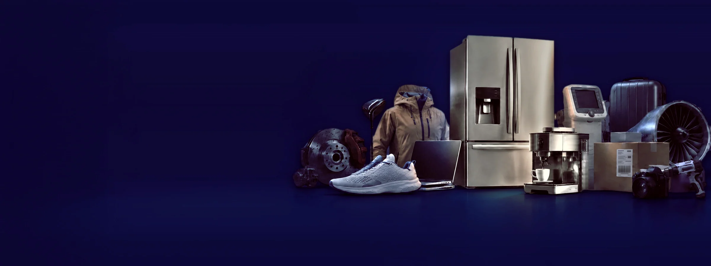 Returns management system for every product: returned products from many industries on one studio floor, including a brake disc, a jacket, a running shoe, a laptop, a refrigerator, an espresso machine, a medical device, a parcel and a jet engine