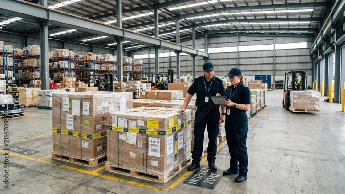 Warehouse associate inspecting returned goods at a receiving bench