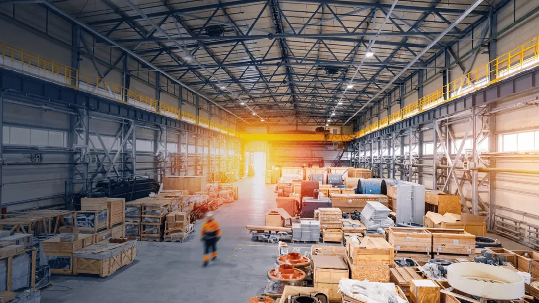 Warehouse shelving stocked with graded returns ahead of resale