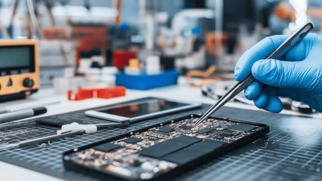 Technician inspecting a returned medical device on a repair bench