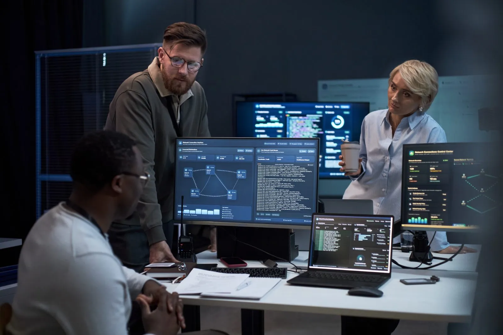 Security team member reviewing access permissions and audit logs on a monitor in an office